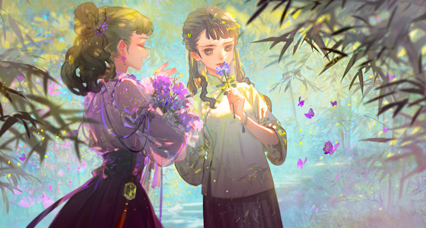 2girls :d bamboo bamboo_forest bamboo_print bangs black_eyes black_hair black_skirt blunt_bangs bouquet bracelet bug butterfly button_eyes chinese_clothes closed_eyes cowboy_shot day earrings flower flower_earrings forest grass green_shirt hair_bun hair_flower hair_ornament half_updo high-waist_skirt holding holding_bouquet holding_flower identity_v jade_(gemstone) jewelry leaf_print long_hair mian_lang multiple_girls nature neck_ribbon profile purple_butterfly purple_flower purple_ribbon purple_shirt qi_shiyi ribbon shirt single_hair_bun skirt smelling_flower smile tassel wavy_hair