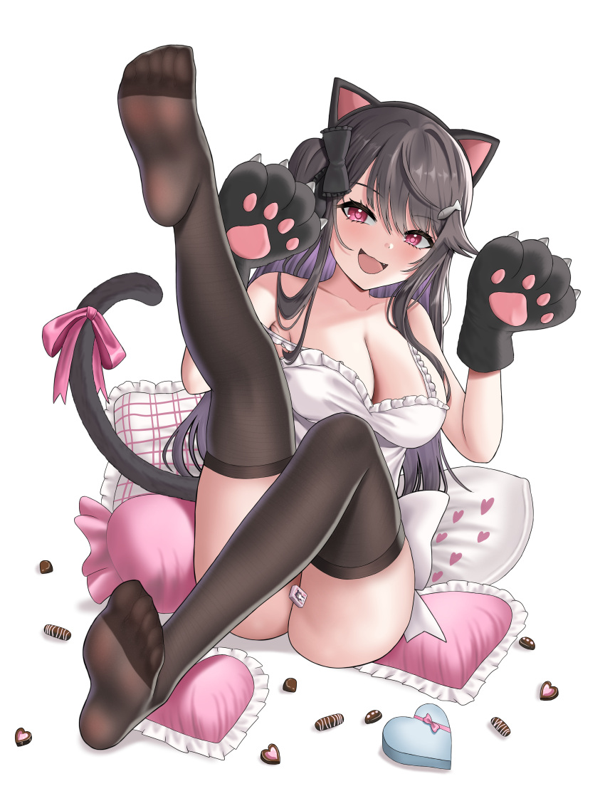 1girl absurdres animal_ears animal_hands apron azur_lane black_thighhighs blush bow box breasts brown_hair buko_(bukosuki) candy cat_ears cat_girl cat_tail chocolate cleavage convenient_censoring fake_animal_ears fang feet food frilled_apron frills gloves heart heart-shaped_box heart-shaped_chocolate highres large_breasts legs legs_up long_hair naked_apron open_mouth pamiat_merkuria_(azur_lane) pamiat_merkuria_(mercurial_chocolate_love)_(azur_lane) paw_gloves paw_pose pillow pink_eyes simple_background smile solo strap_slip tail tail_bow tail_ornament thighhighs very_long_hair white_background