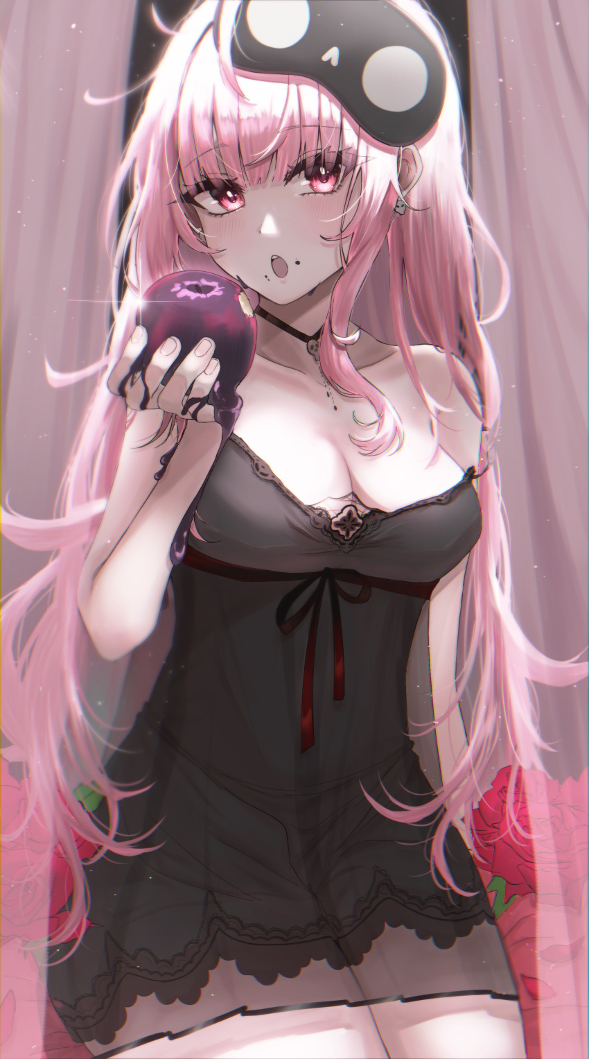 1girl absurdres apple arata_haru black_choker black_mask black_nightgown blush breasts choker cleavage commentary earrings food fruit highres holding holding_food holding_fruit hololive hololive_english jewelry large_breasts long_hair looking_at_viewer mask messy_hair mori_calliope nightgown open_mouth pink_hair red_eyes see-through skull_earrings sleep_mask solo symbol-only_commentary