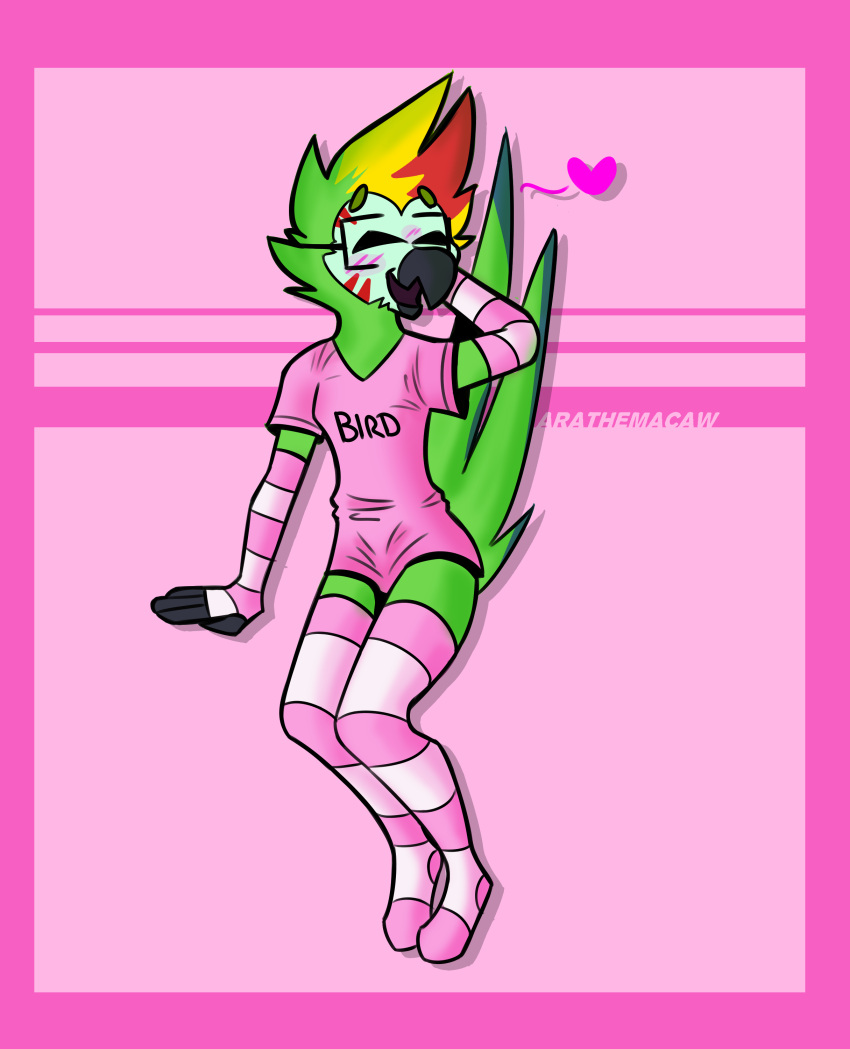 absurd_res anthro ara_(arathemacaw) arathemacaw avian beak bird clothing girly green_body hi_res legwear macaw male neotropical_parrot parrot pink_clothing smile solo thigh_highs true_parrot