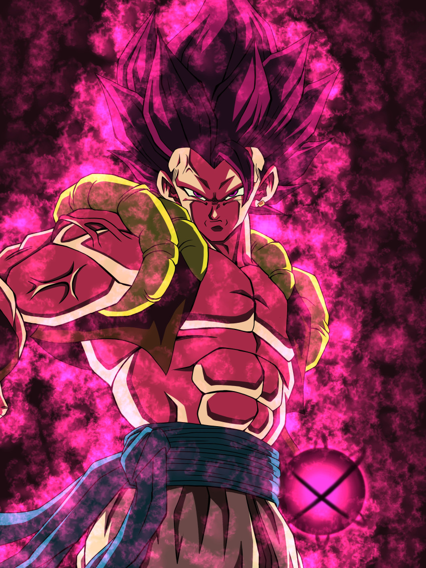 1boy abs absurdres anger_vein aura commentary_request dragon_ball dragon_ball_super earrings energy_ball frown gogeta highres hiro_(udkod1ezlyi2flo) jewelry male_focus metamoran_vest muscular muscular_male no_eyebrows purple_eyes purple_hair serious single_earring solo ultra_ego_(dragon_ball) upper_body