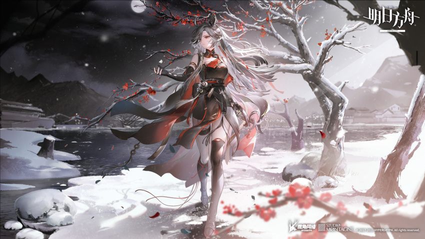 1girl animal_ears arknights bai_qi-qsr bangs bare_shoulders bare_tree black_dress black_gloves boots chinese_commentary closed_mouth commentary_request copyright_name deer_antlers deer_ears deer_girl dress earrings elbow_gloves full_body gloves grey_hair hand_up highres house jewelry knee_boots long_hair moon mountainous_horizon night outdoors partially_fingerless_gloves qiubai_(arknights) red_dress red_eyes river rock single_knee_boot single_thigh_boot sleeveless sleeveless_dress snow snowing solo sword thigh_boots thigh_strap tree two-tone_dress walking weapon winter