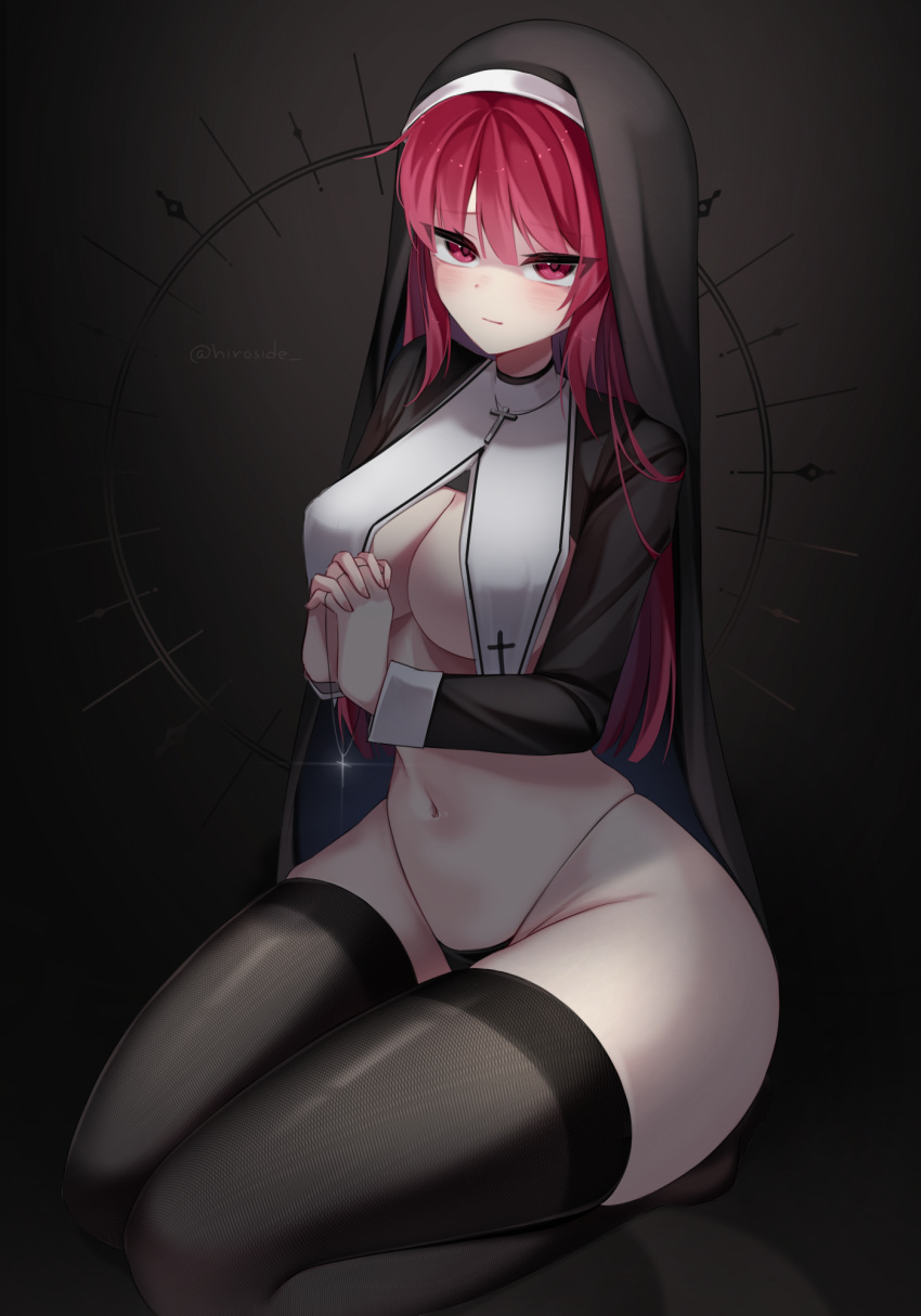 1girl bangs black_panties black_thighhighs breast_curtains breasts cross cross_necklace habit highleg highleg_panties highres hiroside jewelry kneeling large_breasts long_hair looking_at_viewer navel necklace nun original own_hands_clasped own_hands_together panties red_eyes red_hair shrug_(clothing) solo thighhighs underwear