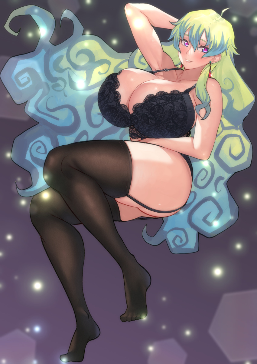 1girl aged_up ahoge alternate_breast_size arm_behind_head armpits black_bra black_garter_straps black_panties black_thighhighs blood_hood blue_eyes bra breasts cleavage commentary commission cross-shaped_pupils curly_hair curvy earrings english_commentary floating full_body gradient_hair green_hair highres huge_breasts jewelry lace lace_bra light_smile lingerie long_hair multicolored_hair nia_teppelin panties solo strap_gap symbol-shaped_pupils tengen_toppa_gurren_lagann thick_thighs thighhighs thighs toes underwear underwear_only very_long_hair