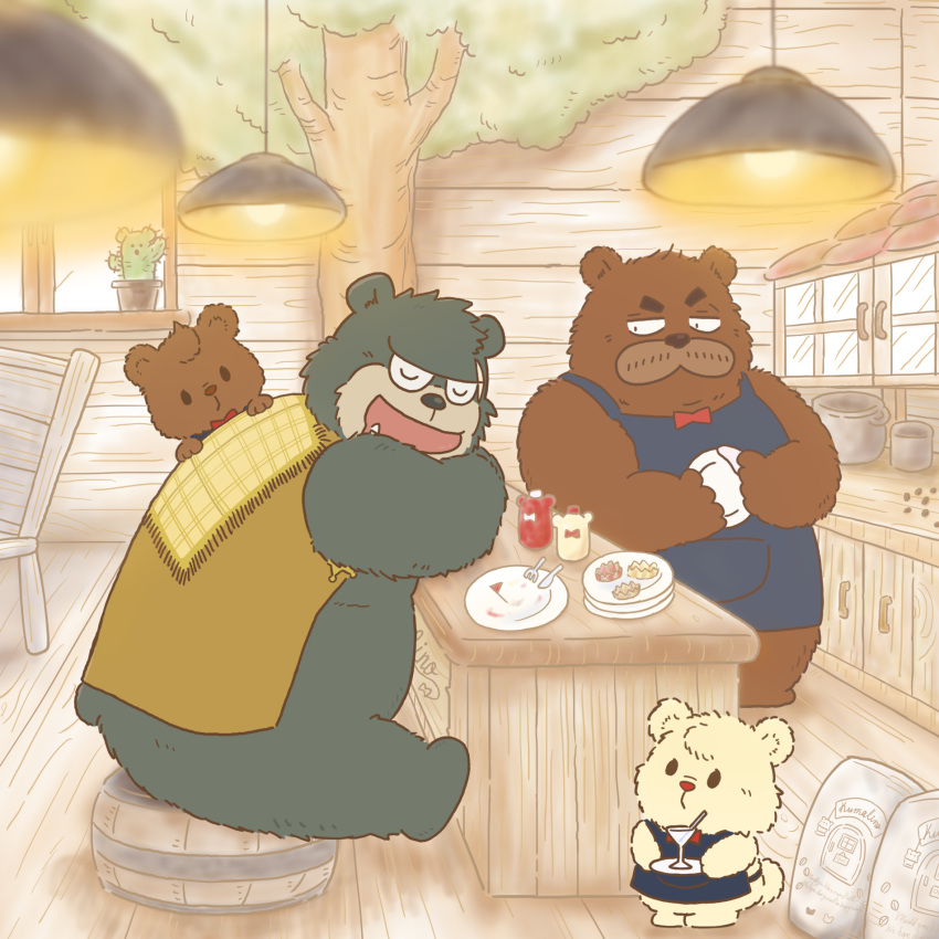 2023 anthro apron bear bow_tie brew_(kumalino) brown_body clothing detailed_background dot_eyes drip_(kumalino) eyes_closed gensuke group hi_res inside kemono kumalino male mammal overweight overweight_male roast_(kumalino) sanrio scar syrup_(kumalino) white_body