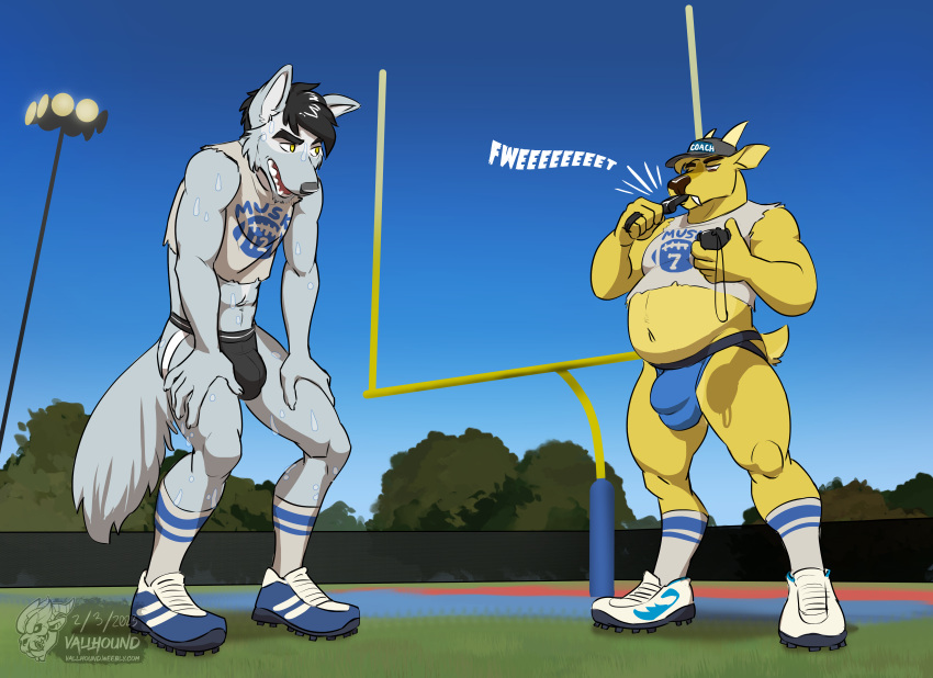 abs absurd_res american_football anthro baseball_cap belly black_hair bodily_fluids brown_eyes bulge canid canine canis cervine cleats clock clothing coach coywolf crop_top deer dj_strap duke_(fuze) duo fangs football_field footwear fur grey_body grey_fur hair hat headgear headwear hi_res horn hybrid jockstrap male male/male mammal midriff muntjac shirt socks sport stopwatch sweat teeth text text_on_clothing text_on_headwear topwear underwear vallhund watch whistle_(object) yellow_body yellow_eyes yellow_fur