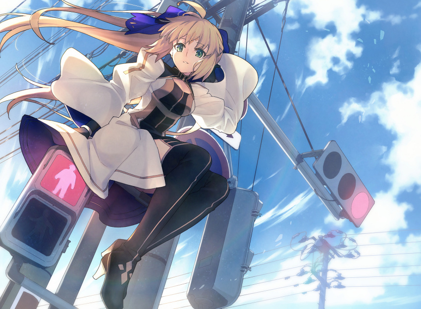 1girl ahoge artoria_caster_(fate) artoria_caster_(third_ascension)_(fate) artoria_pendragon_(fate) black_footwear black_gloves blonde_hair blue_bow blue_sky bow bracelet breasts cloud cloudy_sky dress elbow_gloves fate/grand_order fate_(series) gloves green_eyes hair_bow highres jewelry long_dress long_fall_boots long_hair long_sleeves looking_at_viewer on_top_of_pole open_mouth rhombus road saipaco sitting sky small_breasts street teeth twintails white_dress