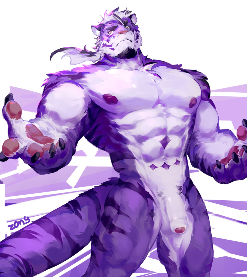 5_fingers anthro balls claws countershade_face countershade_fur countershade_torso countershading felid fingers foreskin fur genitals glans hi_res humanoid_genitalia humanoid_penis male mammal muscular muscular_anthro muscular_male nipples nude pantherine pawpads pecs penis purple_body purple_fur sadiend solo striped_body striped_fur stripes tail tiger zong_wumi