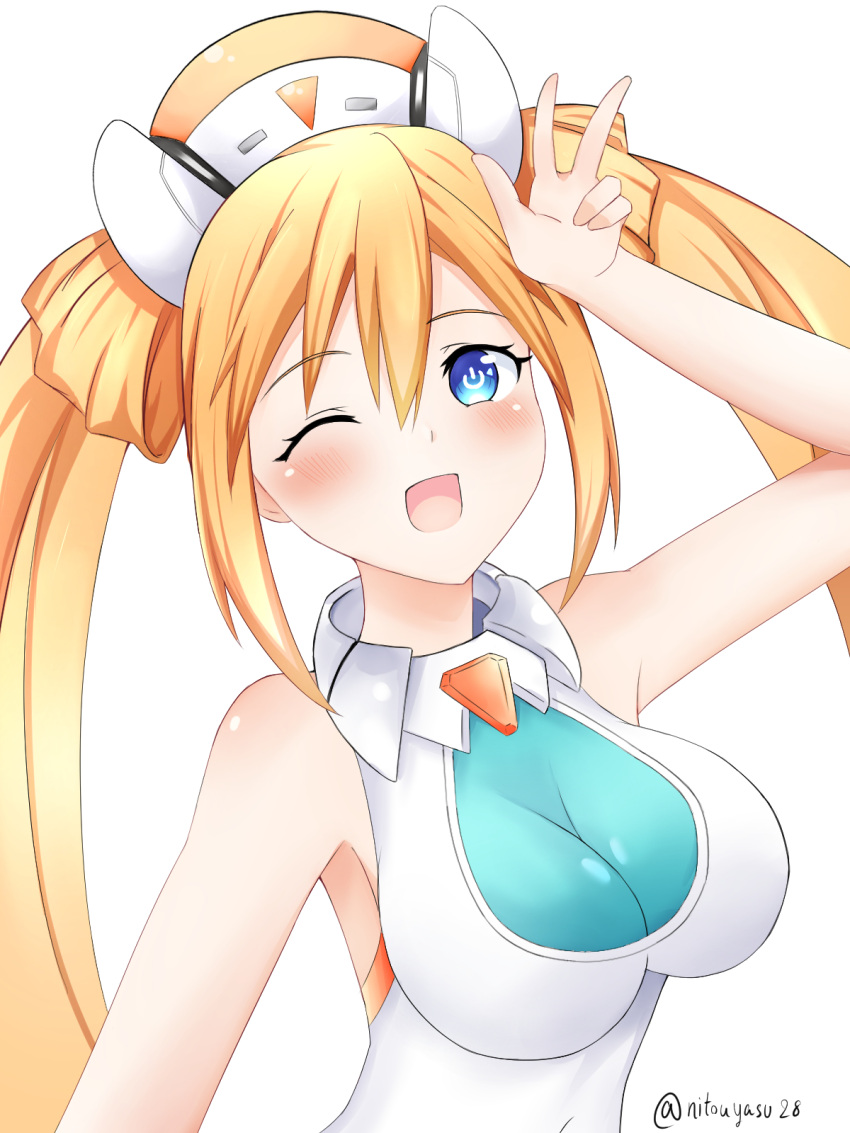 1girl ;d arm_up bare_shoulders blue_eyes blush breasts covered_navel hair_between_eyes hair_rings hand_up happy hat highres long_hair looking_at_viewer medium_breasts neptune_(series) nitoya no_gloves nurse_cap one_eye_closed orange_hair orange_heart power_symbol shin_jigen_game_neptune_vii skin_tight sleeveless smile solo symbol-shaped_pupils twintails upper_body very_long_hair w_over_eye