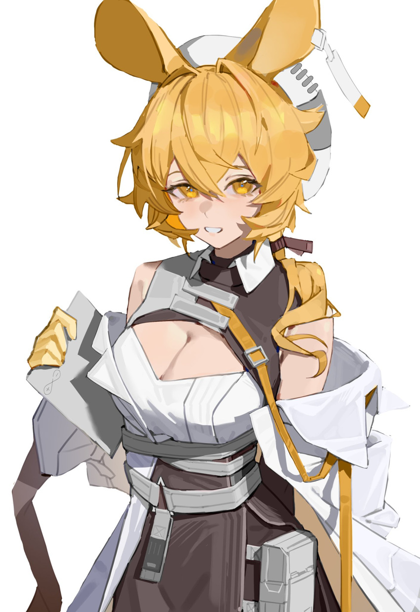 1girl animal_ears arknights belt blonde_hair breasts cleavage cleavage_cutout clothing_cutout collar cropped_legs dorothy_(arknights) dress ear_tag gloves highres looking_at_viewer off_shoulder ponytail pouch rosehip_t72 sidelocks white_background white_headwear yellow_eyes yellow_gloves