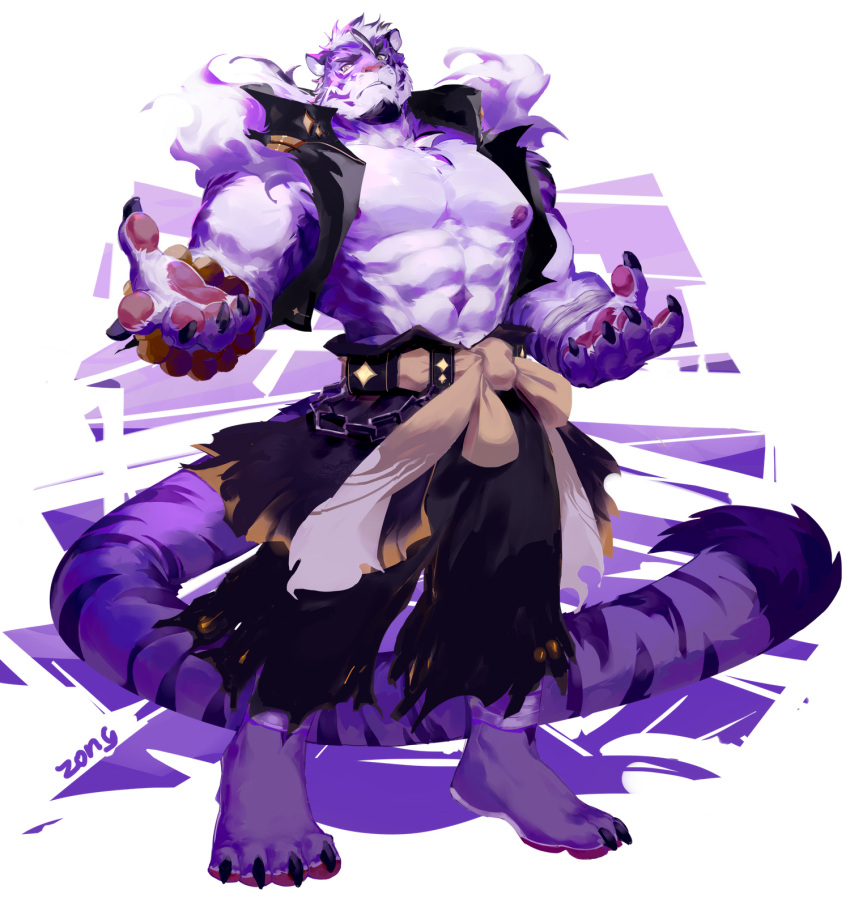5_fingers anthro claws countershade_face countershade_fur countershade_torso countershading felid fingers fur hi_res male mammal muscular muscular_anthro muscular_male pantherine pawpads pecs purple_body purple_fur sadiend solo striped_body striped_fur stripes tail tiger zong_wumi