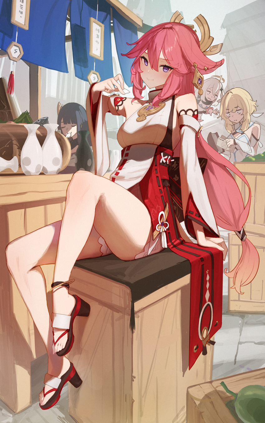 4girls absurdres animal_ears anklet bare_legs bare_shoulders black_footwear black_hair blonde_hair breasts choko_(cup) closed_eyes closed_mouth coin_purse crate cup day detached_sleeves eating fikusipu floating fox_ears genshin_impact highres holding holding_money japanese_clothes jewelry large_breasts long_hair long_sleeves looking_at_viewer low-tied_long_hair lumine_(genshin_impact) market money multiple_girls outdoors paimon_(genshin_impact) pink_hair purple_eyes raiden_shogun sandals smile solo_focus tokkuri wide_sleeves yae_miko