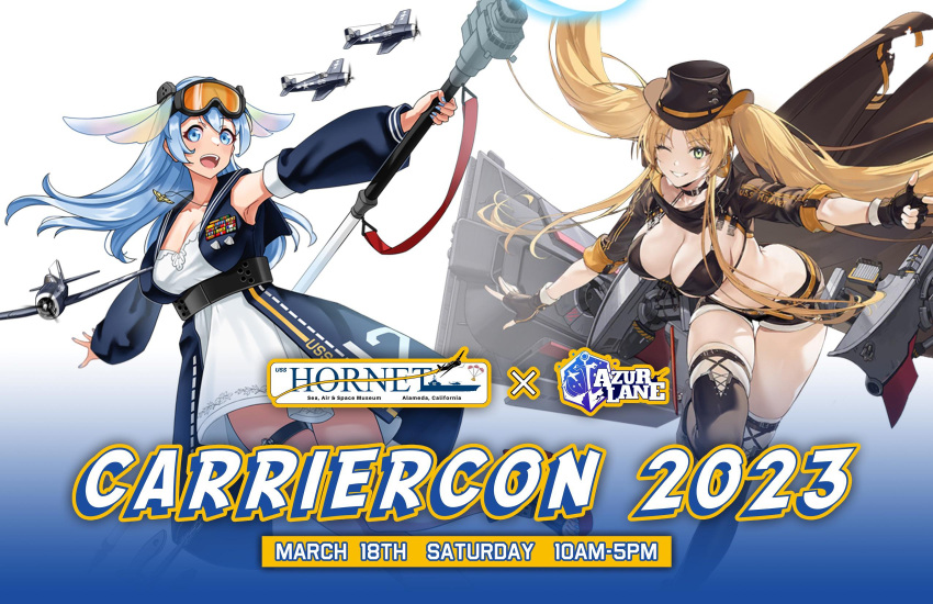 2girls :d aircraft artist_request azur_lane blonde_hair blue_hair character_name collaboration copyright_name detached_sleeves dress english_commentary fingerless_gloves gloves goggles goggles_on_head gradient_background hat highres historical_reference_connection holding holding_staff hornet_(azur_lane) hornet_ii_(azur_lane) jewelry kurumi_(recycllamo) logo long_hair military_rank_insignia multiple_girls name_connection necklace official_art original promotional_art rigging sailor_collar smile staff thigh_strap thighhighs timestamp twintails uss_hornet_(cv-12)