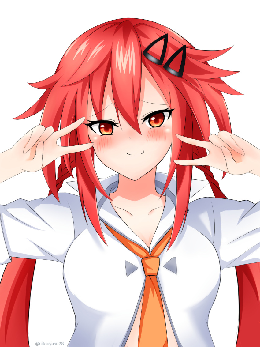 1girl blush braid breasts collared_shirt double_v english_commentary hair_between_eyes hair_ornament hairclip hands_up happy happy_birthday highres long_hair looking_at_viewer medium_breasts midriff necktie neptune_(series) nitoya open_clothes open_shirt orange_eyes orange_necktie red_eyes red_hair shin_jigen_game_neptune_vii shirt smile solo tennouboshi_uzume twin_braids twintails upper_body v v_over_eye very_long_hair white_shirt