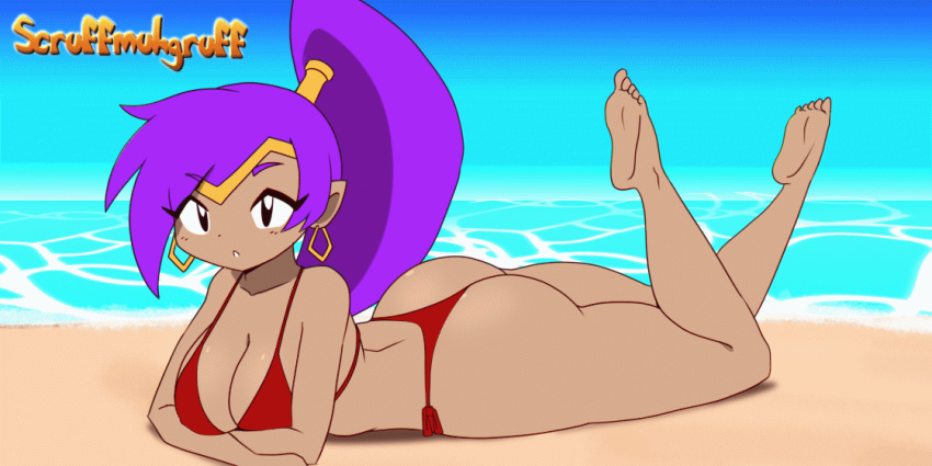 animated beach bikini breasts cleavage clothed clothing ear_piercing ear_ring female genie hair humanoid humanoid_pointy_ears loop lying not_furry on_front piercing ponytail purple_hair ring_piercing scruffmuhgruff seaside shantae shantae_(series) short_playtime solo swimwear wayforward