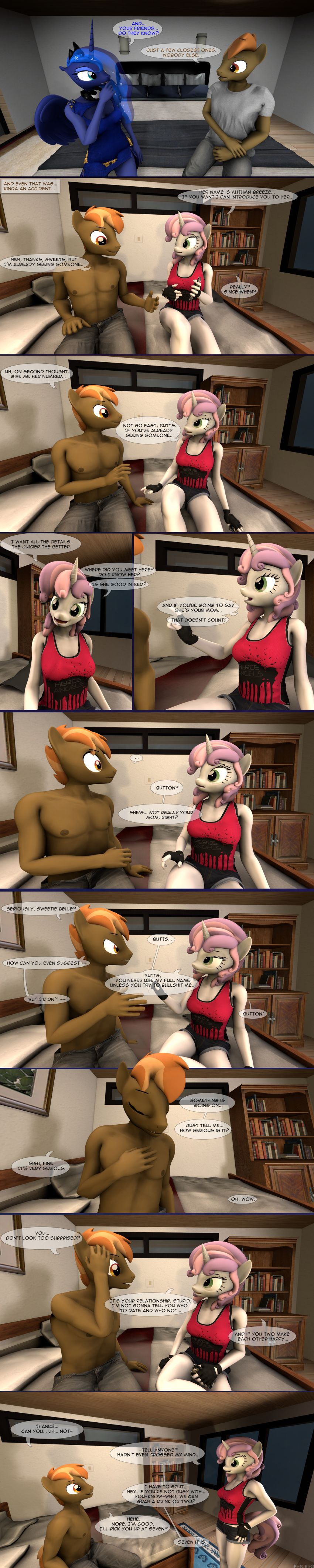 3d_(artwork) absurd_res anthro button_mash_(mlp) clothed clothing comic dialogue digital_media_(artwork) duo equid equine fan_character female friendship_is_magic gloves handwear hasbro hi_res horse long_image male male/female mammal my_little_pony pony princess_luna_(mlp) spud-arts sweetie_belle_(mlp) tall_image topless topless_male