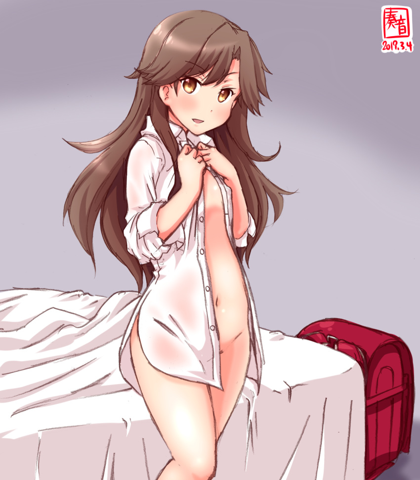1girl alternate_costume arashio_(kantai_collection) artist_logo backpack bag bed bed_sheet blanket blush bottomless brown_eyes brown_hair collared_shirt covered_clitoris cowboy_shot dated eyebrows_visible_through_hair gradient gradient_background grey_background hair_between_eyes highres indoors kanon_(kurogane_knights) kantai_collection long_hair long_sleeves looking_at_viewer navel no_panties open_clothes open_mouth open_shirt randoseru remodel_(kantai_collection) shirt signature sleeves_rolled_up solo standing white_shirt
