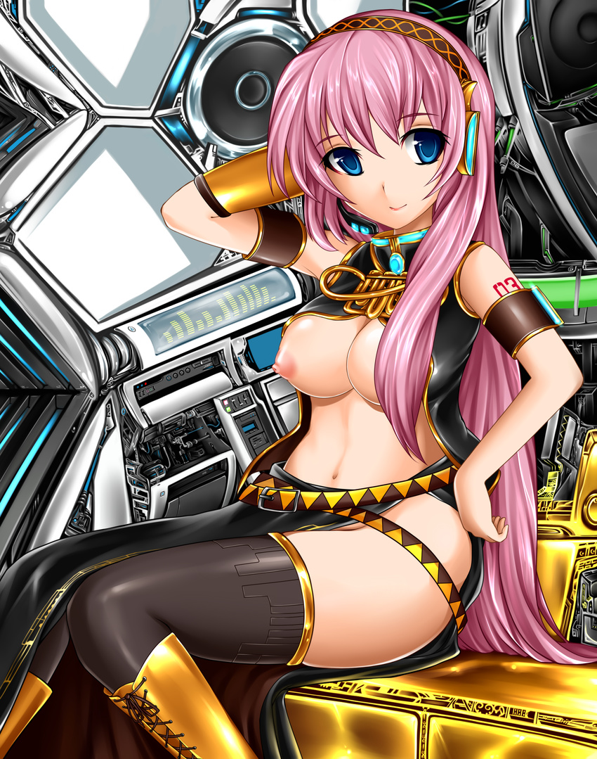 absurdres bad_id bad_pixiv_id blue_eyes breasts hair_censor hair_over_breasts headphones highres large_breasts long_hair megurine_luka midriff nipples pink_hair solo thighhighs vocaloid yoshimo