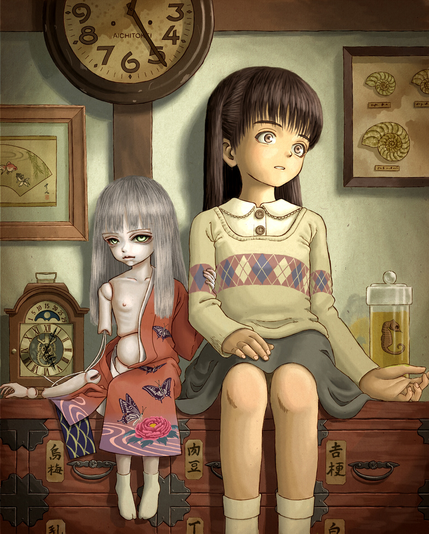 analog_clock bad_id bad_pixiv_id breasts brown_hair bug butterfly chinese_medicine_cabinet clock doll doll_joints drawer fish flower grey_hair highres horror_(theme) indoors insect japanese_clothes kimono mantle_clock nipples no_shoes original parted_lips ribs seahorse seashell shell sitting skyape small_breasts tabi wall_clock