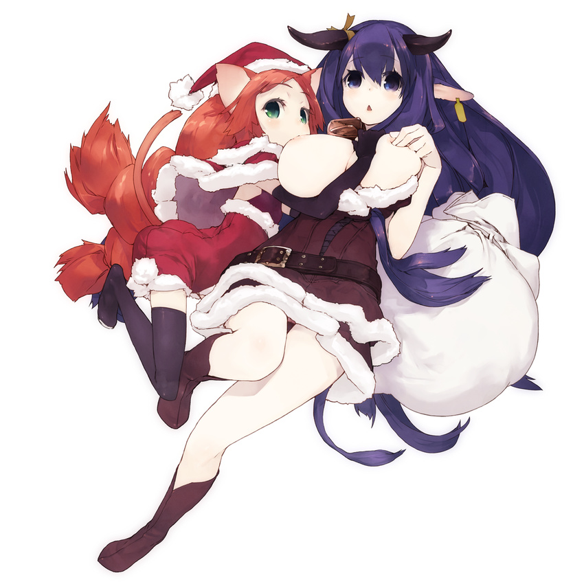 animal_ears bell belt black_gloves black_legwear breasts cat_ears cat_tail christmas cow_bell cow_ears cow_girl cow_tail ear_tag elbow_gloves gloves green_eyes hat highres horn_ribbon horns large_breasts long_hair multiple_girls original purple_eyes purple_hair red_hair ribbon sack santa_costume santa_hat simple_background tail thighhighs unaji very_long_hair yuri