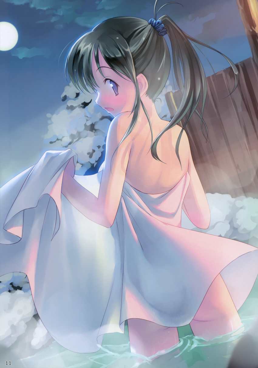 absurdres back bath black_hair blue_eyes blush from_behind full_moon hair_ornament hair_scrunchie highres long_hair looking_back moon night night_sky nude onsen open_mouth original outdoors ponytail scan scrunchie sky snow solo steam takoyaki_(roast) towel tree wading water wet