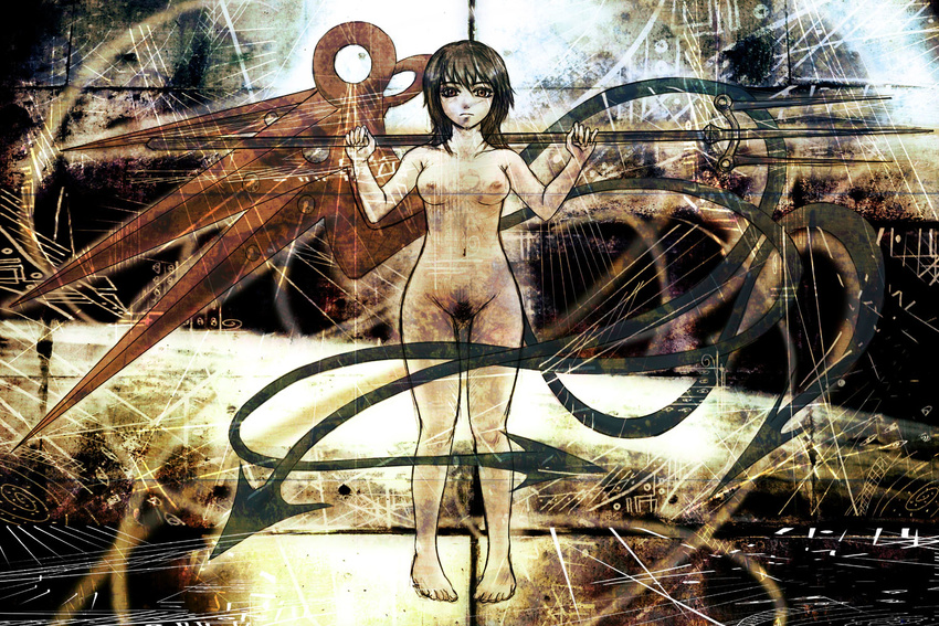 bad_id bad_pixiv_id black_hair breasts houjuu_nue medium_breasts nipples nude polearm pubic_hair short_hair solo taischi touhou trident weapon wings