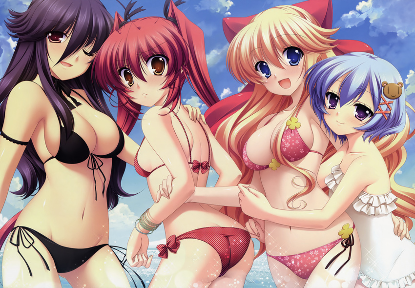 :d ;d absurdres armband ass bikini black_bikini blonde_hair blue_eyes blue_hair blush bow bracelet breasts butt_crack casual_one-piece_swimsuit choker cleavage cloud day elnestina_madry fiorelia_inbrulia flat_chest floral_print frilled_swimsuit frills from_behind front-tie_top frown hair_bow hair_ornament hair_ribbon hairclip highres hug hug_from_behind jewelry large_breasts lineup long_hair looking_at_viewer looking_back mercuria mitsumomo_mamu multiple_girls navel one-piece_swimsuit one_eye_closed open_mouth outdoors pink_eyes print_bikini purple_eyes purple_hair red_hair ribbon shiny shiny_skin short_hair side-tie_bikini sideboob sky smile splashing strap_gap swimsuit takamori_himiko tsurugi_ai twintails very_long_hair wading water wavy_hair white_swimsuit yellow_eyes