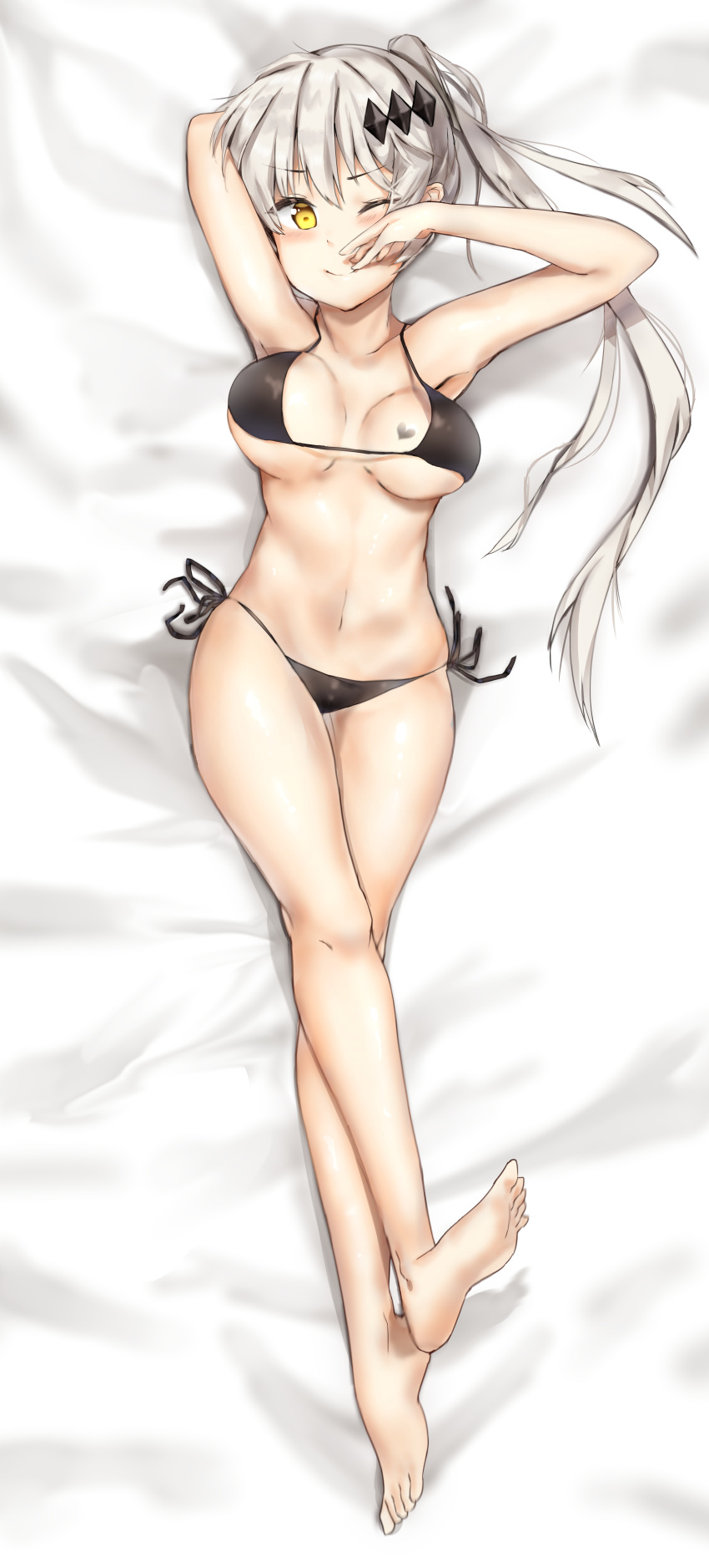 1girl absurdres bad_feet barefoot bikini black_bikini breasts cheosnuni dakimakura error eyebrows_visible_through_hair five-seven_(girls_frontline) girls_frontline hair_ornament highres large_breasts long_hair looking_at_viewer lying on_back one_eye_closed ponytail side-tie_bikini silver_hair solo swimsuit very_long_hair yellow_eyes