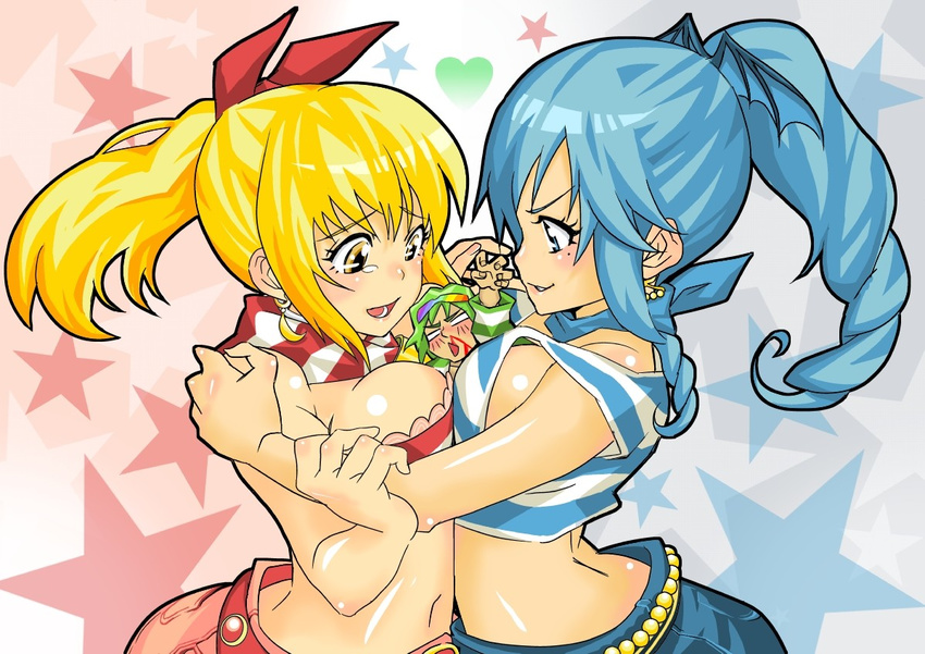 2girls between_breasts bikini blonde_hair blood blue_eyes blue_hair breast_press breasts drill_hair green_hair hbee large_breasts marin_(umi_monogatari) midriff miniboy multiple_girls nosebleed person_between_breasts ponytail swimsuit symmetrical_docking umi_monogatari warin