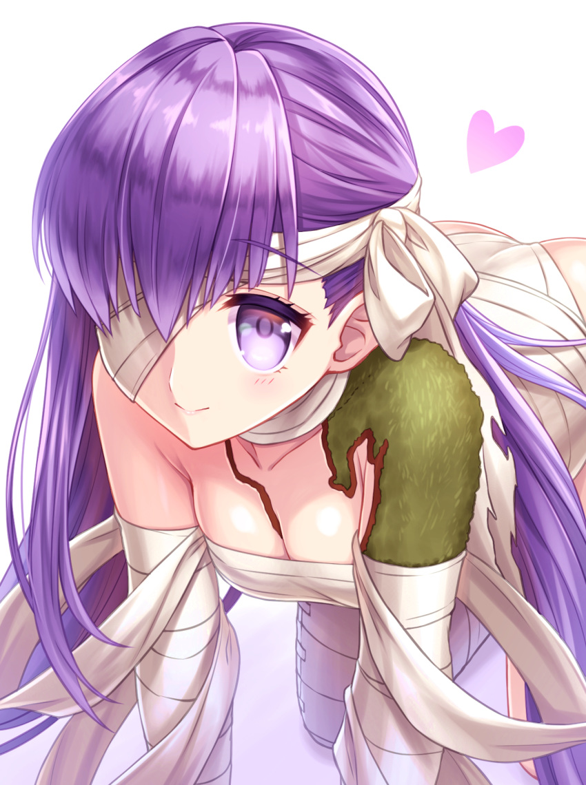 1girl all_fours bandage bandage_over_one_eye bow breasts cleavage closed_mouth fate/grand_order fate_(series) hair_bow heart highres kingprotea long_hair looking_at_viewer medium_breasts moss purple_eyes purple_hair simple_background smile solo tomo_(user_hes4085) white_background white_bow