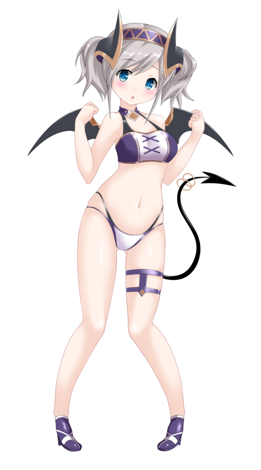 1girl :o bangs bare_arms bare_shoulders black_wings blue_eyes blush breasts collarbone commentary_request crop_top demon_girl demon_horns demon_tail demon_wings eyebrows_visible_through_hair full_body gluteal_fold grey_hair hair_between_eyes hairband hands_up head_tilt high_heels highres horns kaze_makase kazemiya_akari looking_at_viewer medium_breasts navel panties parted_lips princess_connect! princess_connect!_re:dive purple_footwear purple_hairband shoes simple_background skindentation solo standing tail tail_ring thigh_strap underwear white_background white_panties wings