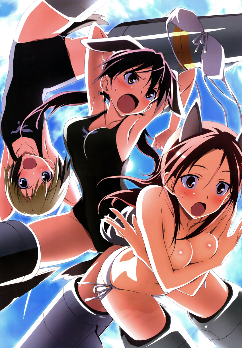 absurdres animal_ears armpits arms_up ass_visible_through_thighs bikini black_swimsuit blonde_hair blush breast_hold breasts brown_eyes brown_hair cleavage cloud covering crease day erica_hartmann gertrud_barkhorn green_swimsuit highres kurashima_tomoyasu long_hair medium_breasts minna-dietlinde_wilcke multicolored multicolored_clothes multicolored_swimsuit multiple_girls nyantype official_art one-piece_swimsuit print_swimsuit red_eyes red_hair scan school_swimsuit short_hair side-tie_bikini skindentation sky strike_witches swimsuit topless very_long_hair wardrobe_malfunction white_bikini world_witches_series