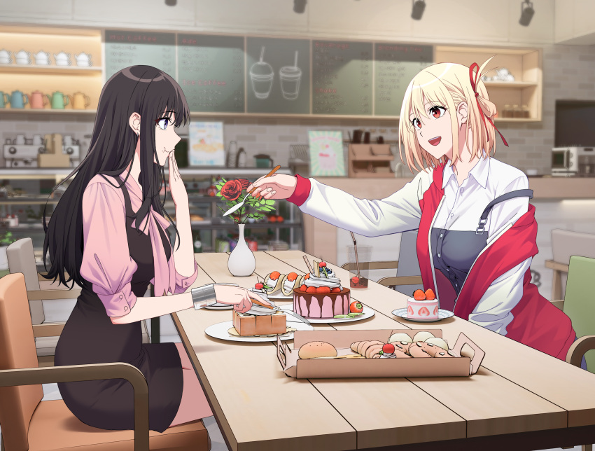 2girls :t absurdres bangs black_dress black_hair blonde_hair blurry blurry_background bracelet cafe cake cake_slice chair collared_shirt commentary_request cup disposable_cup dress earrings eating elbow_on_table fingernails flower food fork from_side hair_between_eyes hair_ribbon hand_up highres holding holding_fork indoors inoue_takina jacket jewelry jovei long_hair looking_at_another lycoris_recoil multicolored_clothes multicolored_jacket multiple_girls nishikigi_chisato off_shoulder open_mouth outstretched_arm pastry pink_shirt purple_eyes red_eyes red_flower red_jacket red_ribbon red_rose ribbon rose shirt short_hair sideways_mouth strawberry_shortcake table teeth two-tone_jacket upper_teeth_only vase white_jacket white_shirt