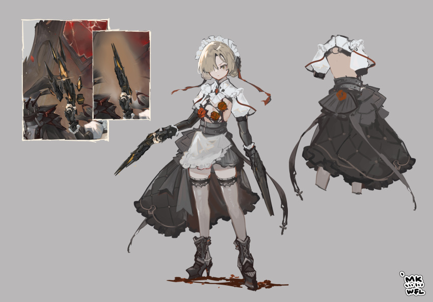 1girl apron asymmetrical_clothes asymmetrical_skirt azur_lane backless_outfit bare_back belt black_belt black_footwear black_skirt boots dress dual_wielding flower flower_ornament grey_background grey_dress gun hair_over_one_eye high_heel_boots high_heels highres holding holding_gun holding_weapon juliet_sleeves light_brown_hair long_sleeves looking_at_viewer maid_headdress mkiiiiii o-ring official_art puffy_sleeves red_flower red_rose rose sheffield_(azur_lane) sheffield_(meta)_(azur_lane) simple_background sketch skirt solo thighhighs unfinished waist_apron weapon white_apron white_thighhighs windforcelan yellow_eyes zettai_ryouiki