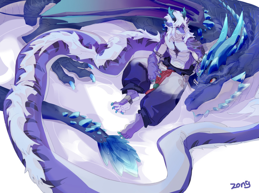 anthro asian_mythology biped blue_body claws countershade_face countershade_feet countershade_tail countershade_torso countershading dragon duo east_asian_mythology eastern_dragon feet feral hair hi_res horn larger_feral long_tail male membrane_(anatomy) membranous_wings mythology purple_body scalie size_difference smaller_anthro tail western_dragon wings zong_wumi