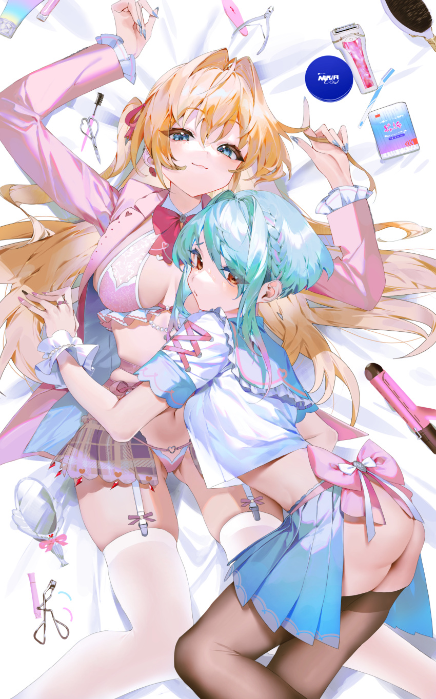 2girls aqua_hair ass ass_cutout black_thighhighs blonde_hair blue_eyes breasts clothing_cutout collar curling_iron garter_straps green_hair hair_brush highres ichibi long_sleeves looking_at_viewer lying medium_breasts miniskirt mirror multiple_girls nail_polish on_back open_clothes open_skirt original panties pink_panties red_eyes ribbon skindentation skirt skirt_cutout smile thighhighs underwear white_thighhighs