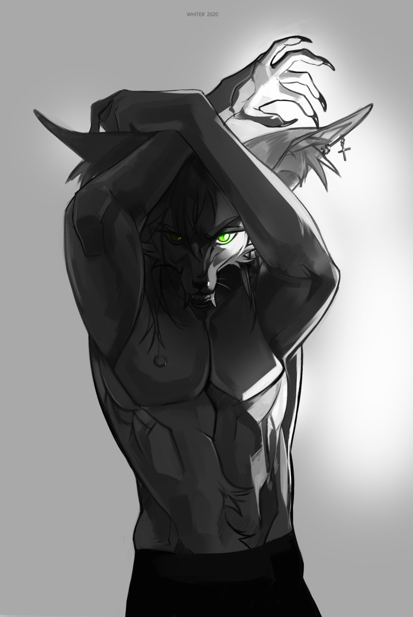 2020 absurd_res anthro artist_name big_ears big_fangs canid canine clothed clothing dated ear_piercing ear_ring fennec fox front_view green_eyes half-length_portrait hi_res inner_ear_fluff looking_at_viewer male mammal piercing portrait pupils ring_piercing simple_background slit_pupils solo topless topless_male tuft unknowhiter
