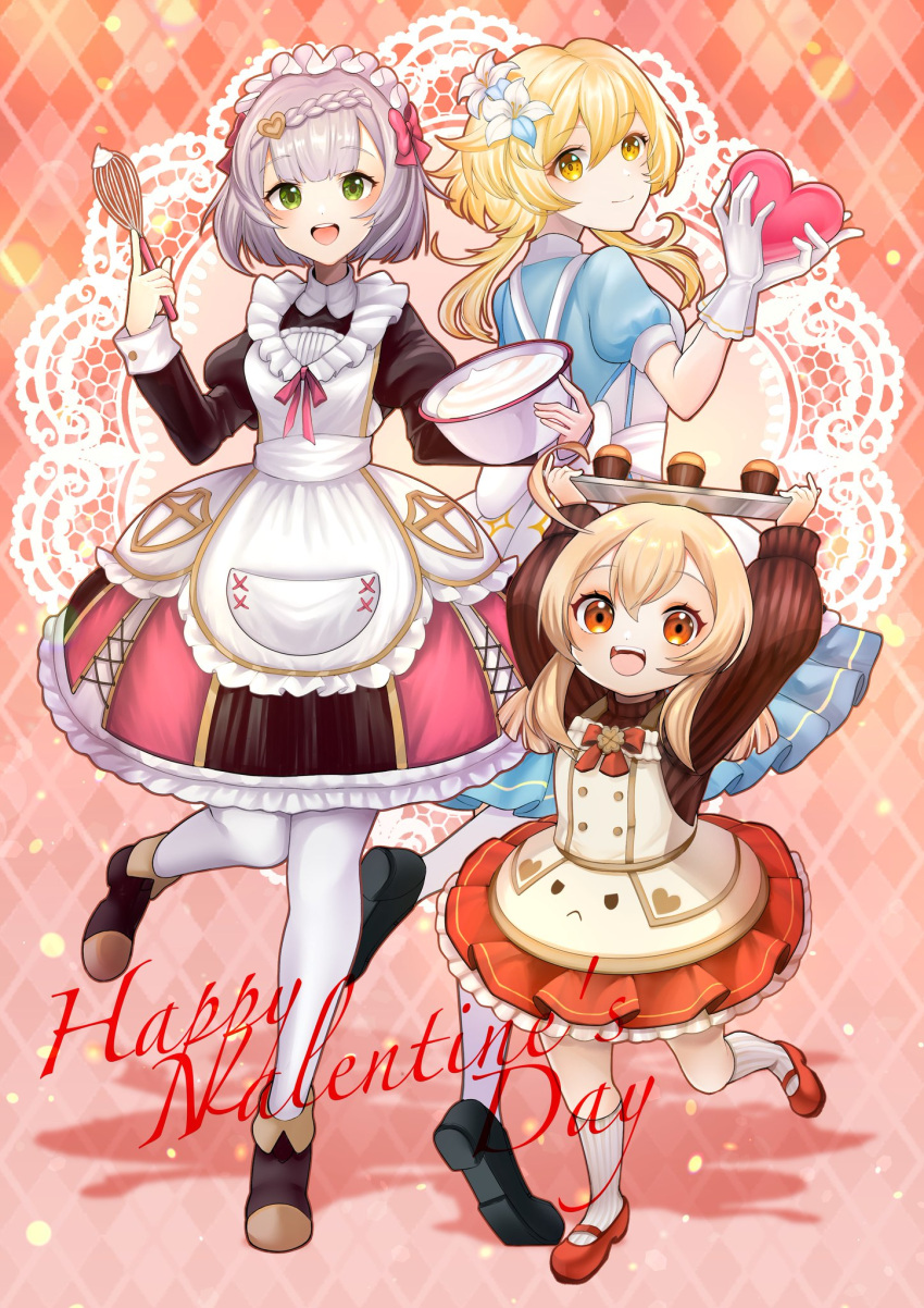 3girls :d alternate_costume apron bangs blunt_bangs bowl braid candy chocolate commentary_request cupcake dual_wielding english_text enmaided flower food full_body genshin_impact gloves green_eyes grey_hair hair_between_eyes hair_flower hair_ornament happy_valentine heart heart-shaped_chocolate height_difference highres holding holding_bowl holding_whisk klee_(genshin_impact) kneehighs light_brown_hair lolita_fashion long_hair long_sleeves looking_at_viewer low_twintails lumine_(genshin_impact) maid maid_apron maid_headdress mary_janes multiple_girls nichio_rita noelle_(genshin_impact) orange_eyes pantyhose shoes short_hair short_hair_with_long_locks short_sleeves sidelocks simple_background single_braid size_difference smile socks standing standing_on_one_leg twintails valentine whipped_cream whisk white_gloves white_pantyhose