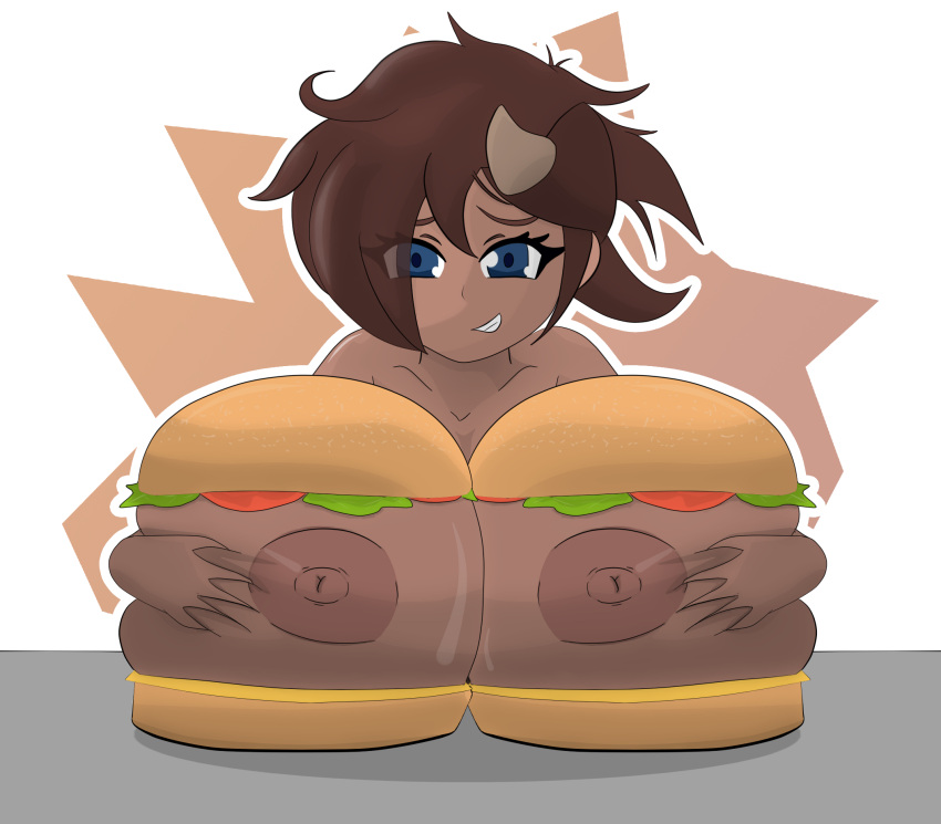 alpha_channel areola big_areola big_breasts big_nipples bovid_horn bovine_horn breast_squish breasts brown_body brown_hair cow_horn dark_body dark_skin embarrassed fan_character female food furniture hair hair_over_eye hi_res horn huge_areola huge_breasts huge_nipples humanoid mrschllyay nipples one_eye_obstructed ruby_big_heart_(oc) sandwich_(food) simple_background solo squish table transparent_background