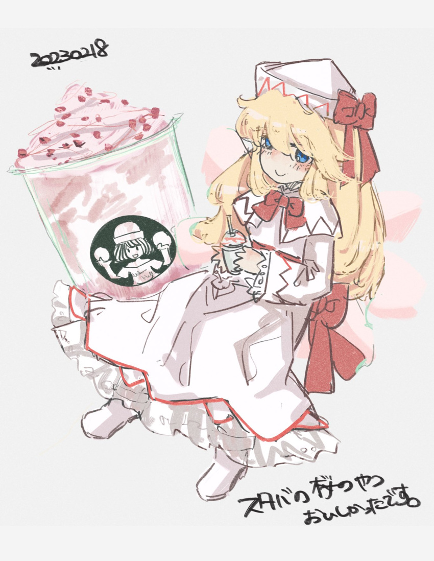 blonde_hair blue_eyes bow bowtie brand_name_imitation capelet commentary_request dress fairy fairy_wings hat hecatia_lapislazuli highres koyane_(silver81106) lily_white long_hair red_bow red_bowtie shoes smoothie starbucks touhou translation_request white_capelet white_dress white_footwear white_headwear wings