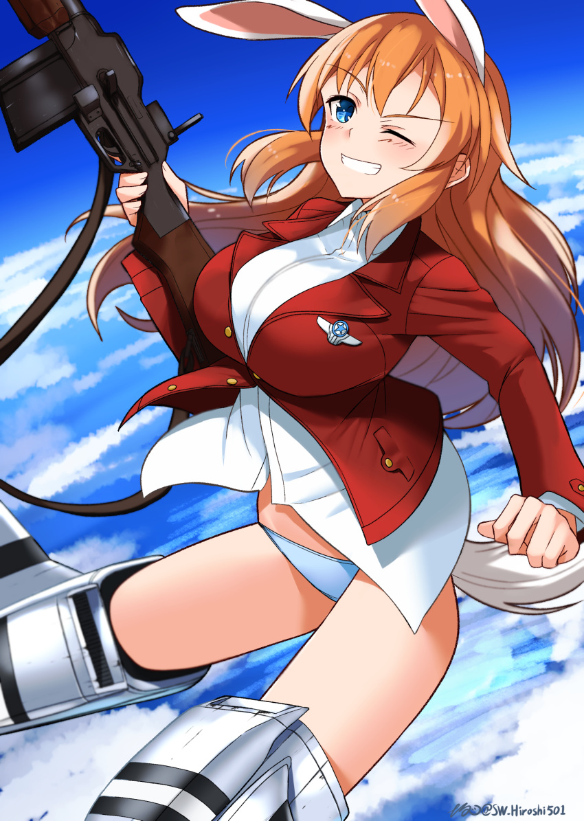 1girl absurdres animal_ears blazer blue_eyes blush breasts charlotte_e._yeager flying grin gun highres hiroshi_(hunter-of-kct) jacket large_breasts long_hair looking_at_viewer one_eye_closed orange_hair panties rabbit_ears rabbit_tail red_jacket rifle shirt signature sky smile solo strike_witches striker_unit tail underwear weapon white_panties white_shirt world_witches_series