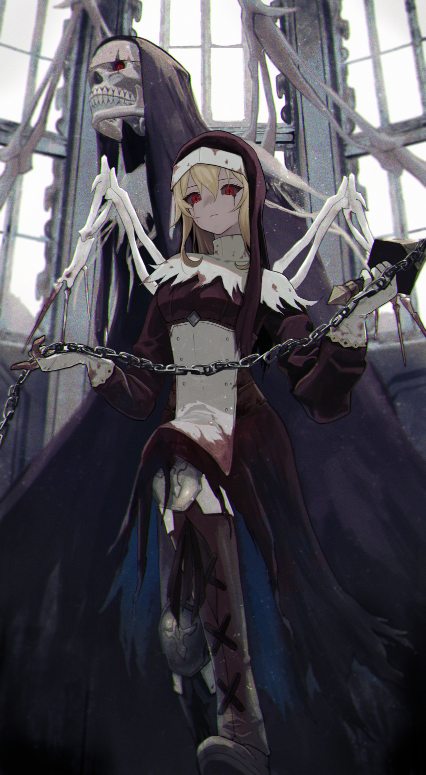 1girl absurdres apron bangs black_dress blonde_hair blood blood_on_clothes boots brown_footwear brown_sclera capelet chain closed_mouth colored_sclera commentary dress dried_blood ender_lilies_quietus_of_the_knights flail foot_out_of_frame gloves guardian_siegrid habit highres holding holding_chain holding_flail holding_weapon indoors knee_guards knee_up long_hair long_sleeves looking_at_viewer nun red_eyes runny_makeup skeletal_wings skeleton solo torn_capelet torn_clothes torn_dress weapon white_apron white_capelet white_gloves window wings zakkuri