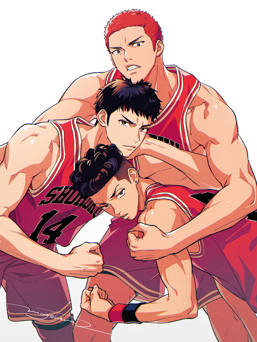 3boys basketball_jersey basketball_uniform black_hair black_wristband brown_hair buzz_cut earrings flexing highres jewelry looking_at_viewer male_focus mitsui_hisashi miyagi_ryouta moge-hera multiple_boys open_mouth pompadour red_hair red_shirt red_wristband sakuragi_hanamichi shirt short_hair slam_dunk_(series) sleeveless sleeveless_shirt sportswear very_short_hair