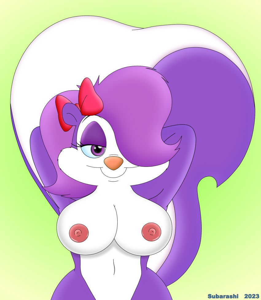 accessory anthro bow_ribbon breasts female female/female fifi_la_fume first_person_view hair_accessory hair_bow hair_ribbon hands_behind_head hi_res looking_at_viewer mammal mephitid raised_tail ribbons skunk solo subarashi tail tiny_toon_adventures warner_brothers