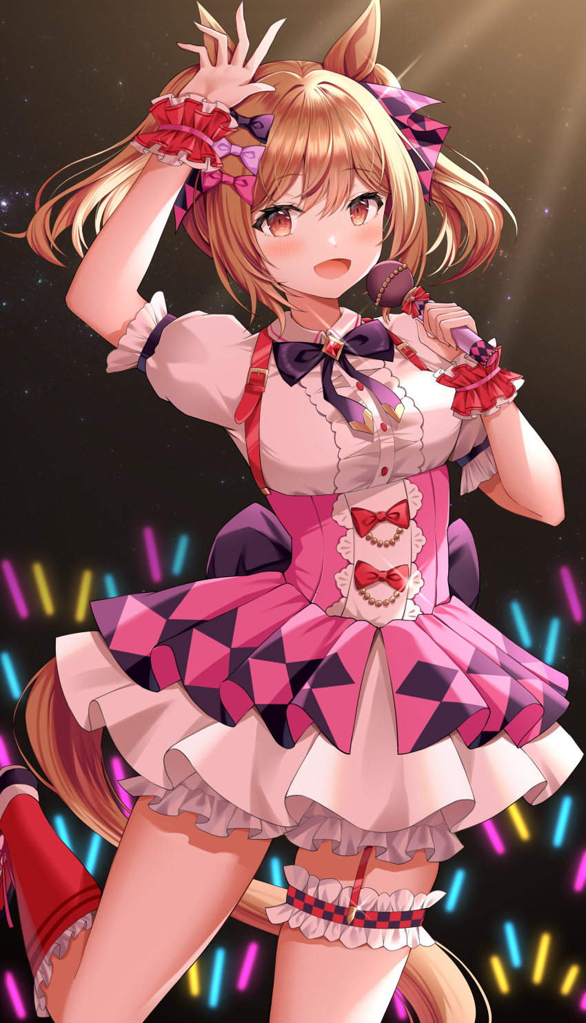 1girl absurdres animal_ears arm_up black_bow bow brown_hair dress frilled_dress frills hair_bow highres holding holding_microphone horse_ears horse_girl horse_tail looking_at_viewer microphone open_mouth pink_dress red_socks sachiko_nya scrunchie short_hair smart_falcon_(umamusume) smile socks solo tail twintails umamusume wrist_scrunchie yellow_eyes