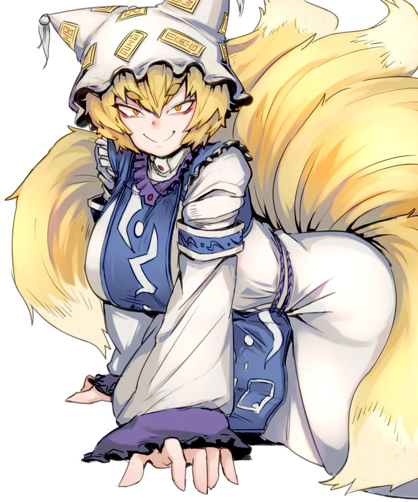 2017 5_fingers 5_tails absurd_res animal_humanoid arm_support armband bent_over big_breasts biped blonde_hair blue_clothing blue_tabard breasts canid canid_humanoid canine canine_humanoid clothed clothing colored digital_media_(artwork) dipstick_tail dress eyelashes female fingers fluffy fluffy_tail fox_humanoid fully_clothed fur hair hat headgear headwear hi_res humanoid humanoid_hands leaning leaning_forward light_body light_skin looking_at_viewer mammal mammal_humanoid markings monotone_hair multi_tail multicolored_tail nyong_nyong ofuda orange_eyes portrait pupils ran_yakumo shaded short_hair side_view simple_background slit_pupils smile solo tabard tail tail_markings talisman tan_body tan_fur tan_tail tan_tail_tip tassels three-quarter_portrait three-quarter_view touhou two_tone_tail white_background white_clothing white_dress white_hat white_headwear yellow_body yellow_fur yellow_tail