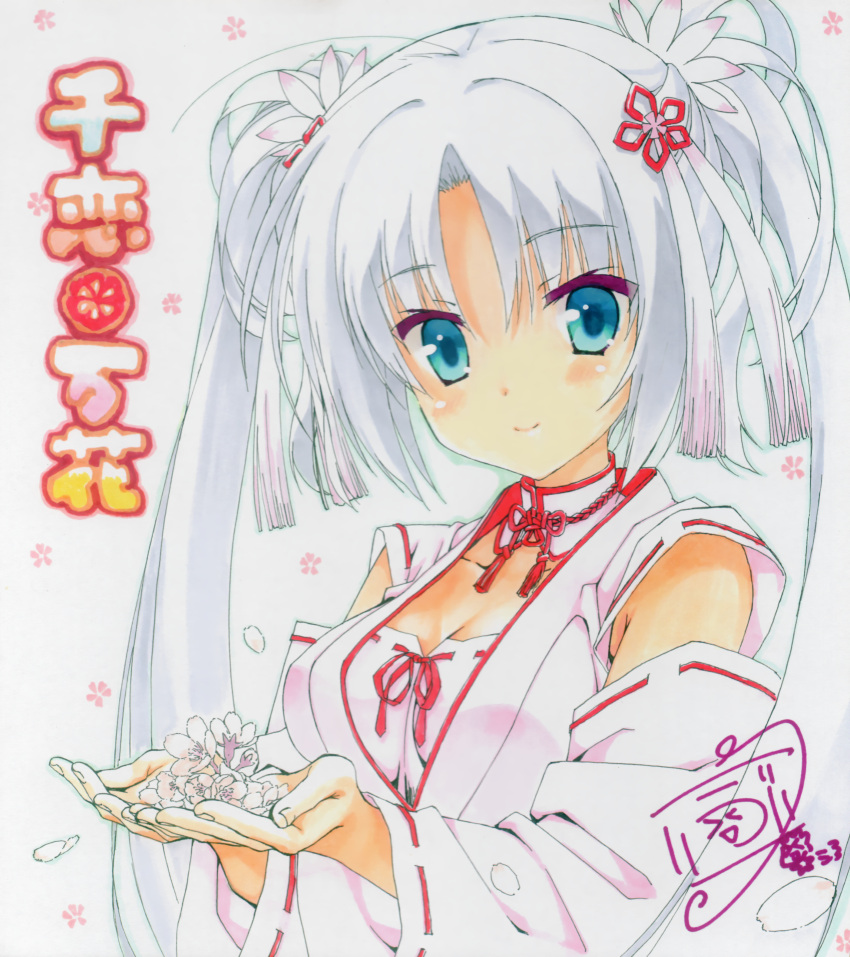 1girl absurdres bangs blue_eyes blush breasts cherry_blossoms cleavage closed_mouth detached_sleeves eyes_visible_through_hair falling_petals flower hair_flower hair_ornament hands_up head_tilt highres holding holding_flower japanese_clothes kimono kobuichi large_breasts long_hair long_sleeves looking_at_viewer miko official_art parted_bangs petals red_flower red_ribbon red_tassel ribbon ribbon-trimmed_sleeves ribbon_trim senren_banka shikishi sidelocks signature simple_background smile solo tomotake_yoshino twintails very_long_hair white_background white_flower white_hair white_kimono wide_sleeves