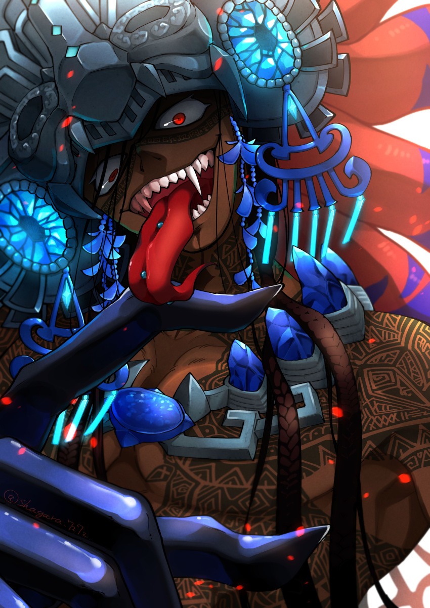 1boy absurdres black_hair black_skin braid camazotz_(fate) colored_skin crazy_eyes evil_smile fate/grand_order fate_(series) full-body_tattoo headpiece highres jewelry long_hair long_tongue male_focus multiple_braids necklace open_mouth piercing red_eyes shagara sharp_teeth smile solo tattoo teeth tongue tongue_piercing topless_male white_background wide-eyed