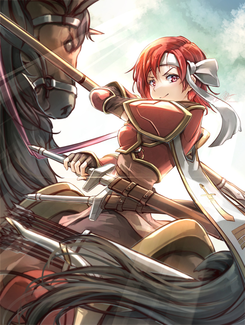 1girl absurdres armor black_gloves cecil_(fire_emblem) clear_glass_(mildmild1311) fingerless_gloves fire_emblem fire_emblem:_mystery_of_the_emblem gloves headband highres holding holding_polearm holding_reins holding_sword holding_weapon horse horseback_riding looking_at_viewer polearm red_eyes red_hair reins riding saddle sheath sheathed smile solo sword unsheathing weapon