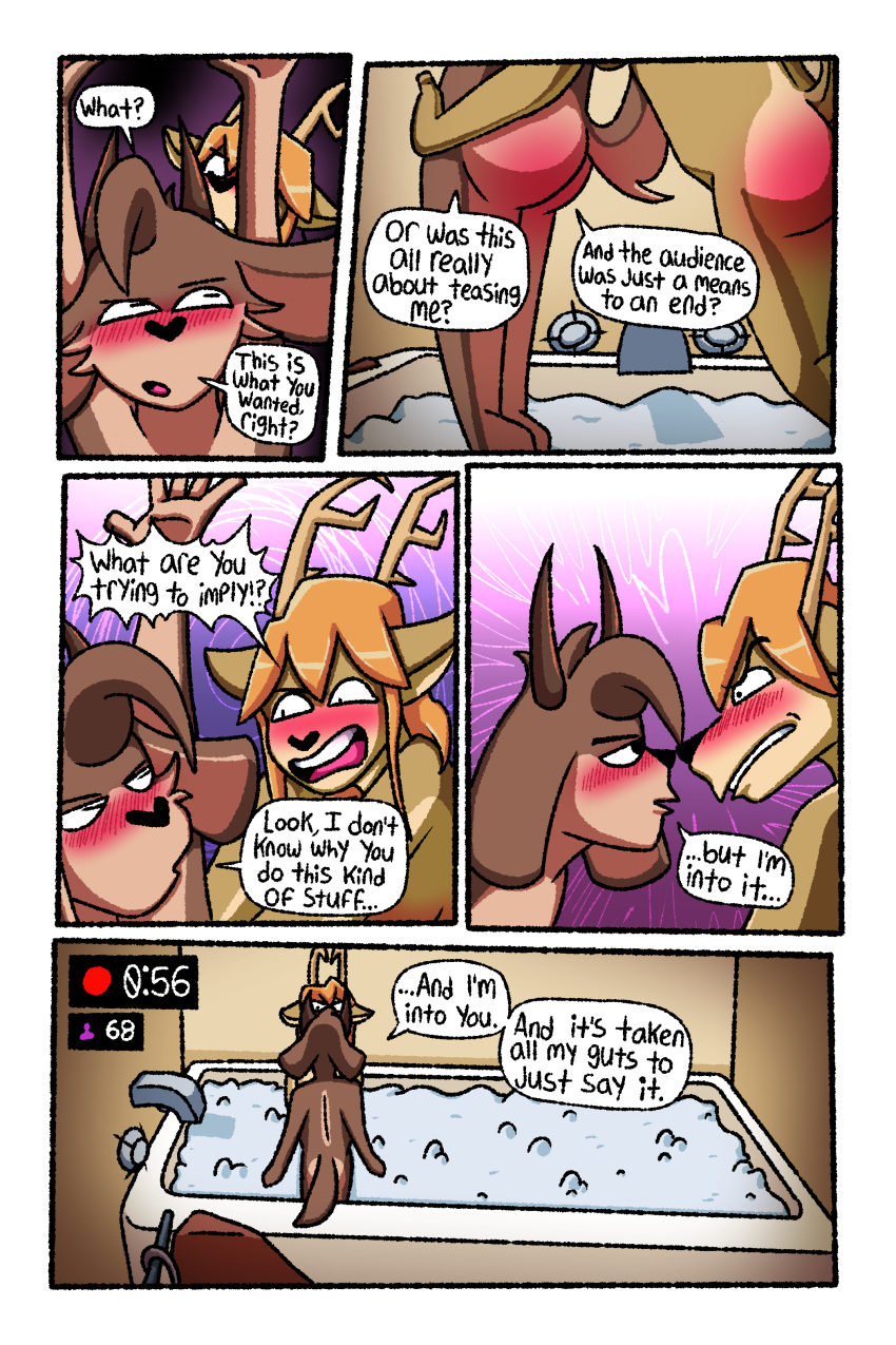 absurd_res angry anthro antlers ariel_(deerkid) aroused bathroom bathtub black_nose blush brown_body brown_fur bubble_bath butt capri_(deerkid) comic deerkid dialogue duo english_text female fur hair hi_res horn inside male male/female nude number open_mouth orange_hair recording reddened_butt teeth_showing text tongue_showing welt